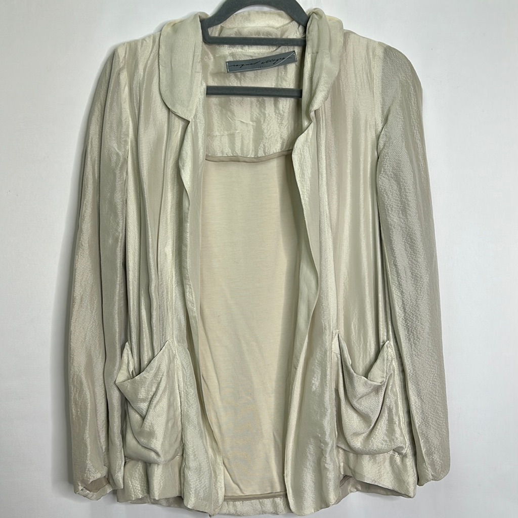 Raquel Allegra Unstructured Lagenlook Silk Pocketed Collared Blazer Cardigan